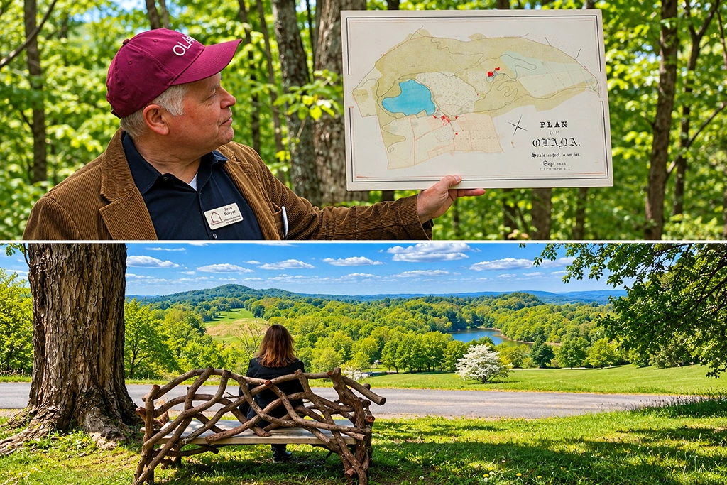 Sean Sawyer von der Olana Partnership zeigt einen historischen Plan von Frederic Edwin Churchs Anwesen Olana im Hudson Valley.