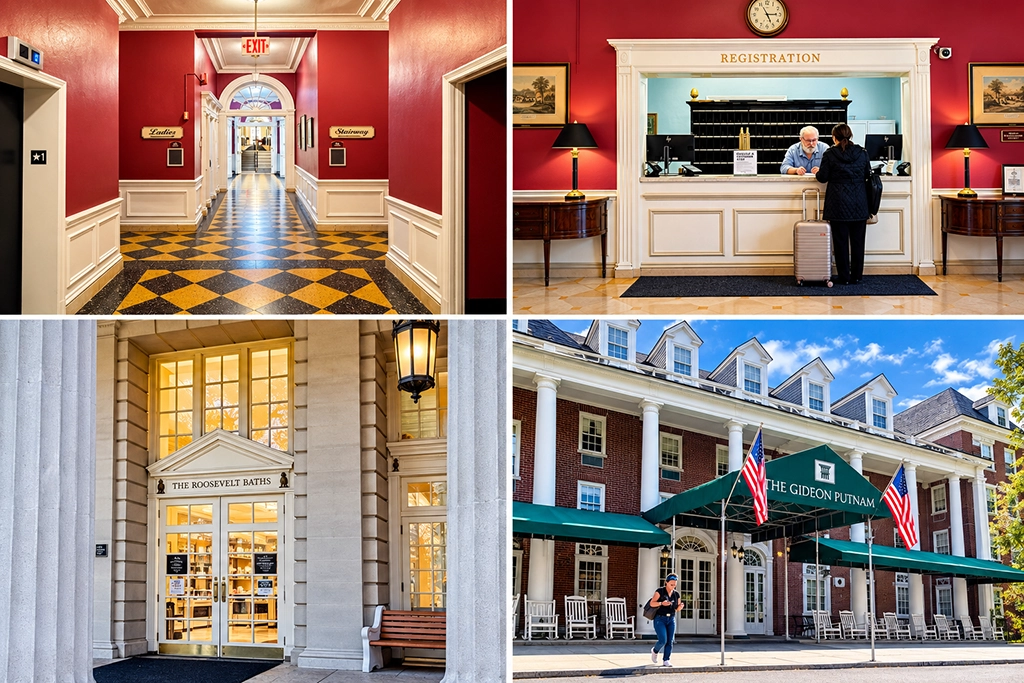 Collage mit historischen Innenräumen, Roosevelt Baths und Außenansicht des Gideon Putnam Hotels im Saratoga Spa State Park.
