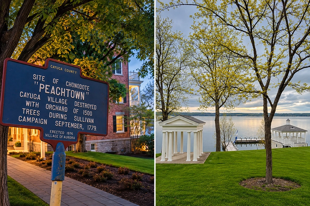 Historischer Peachtown-Marker in Aurora und Parkanlage mit Pavillon am Cayuga Lake in New York