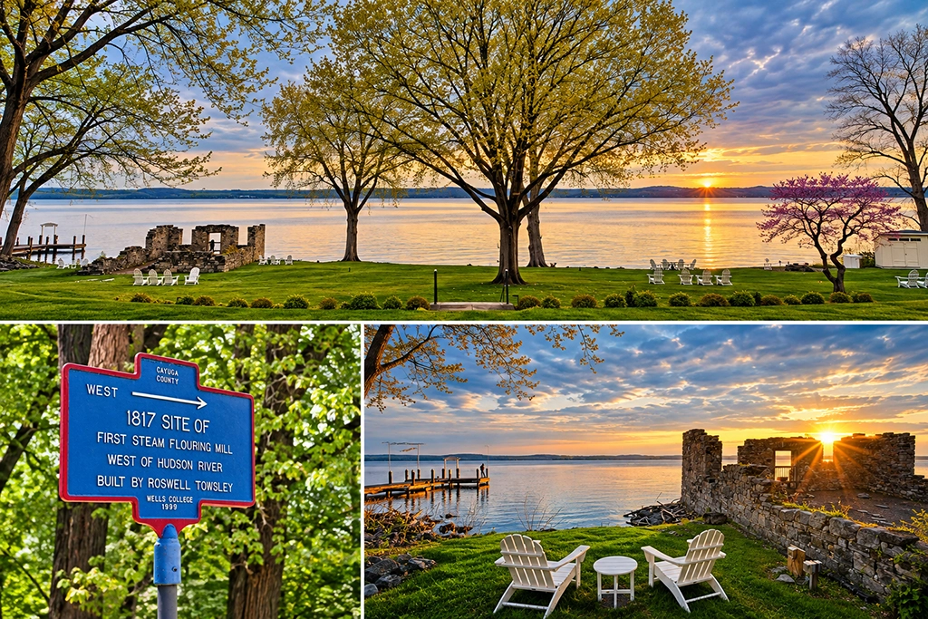 Cayuga Lake bei Aurora mit historischen Steinruinen und Marker der ersten Dampfmühle westlich des Hudson River