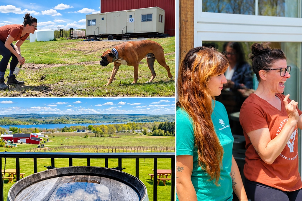 Winzerin Paige Vincent, Amanda und Hund Vino bei der Vineyard View Winery mit Blick auf Weinberge und Keuka Lake.