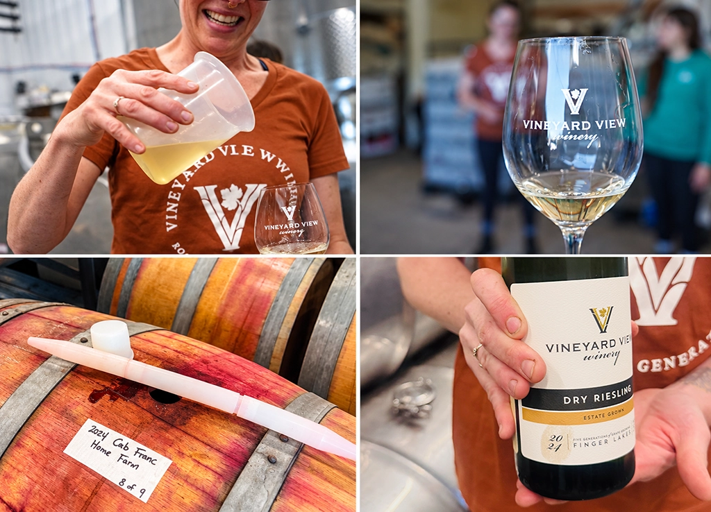 Weinproduktion bei Vineyard View Winery mit Riesling, Weinglas und Cabernet-Franc-Fass in den Finger Lakes.