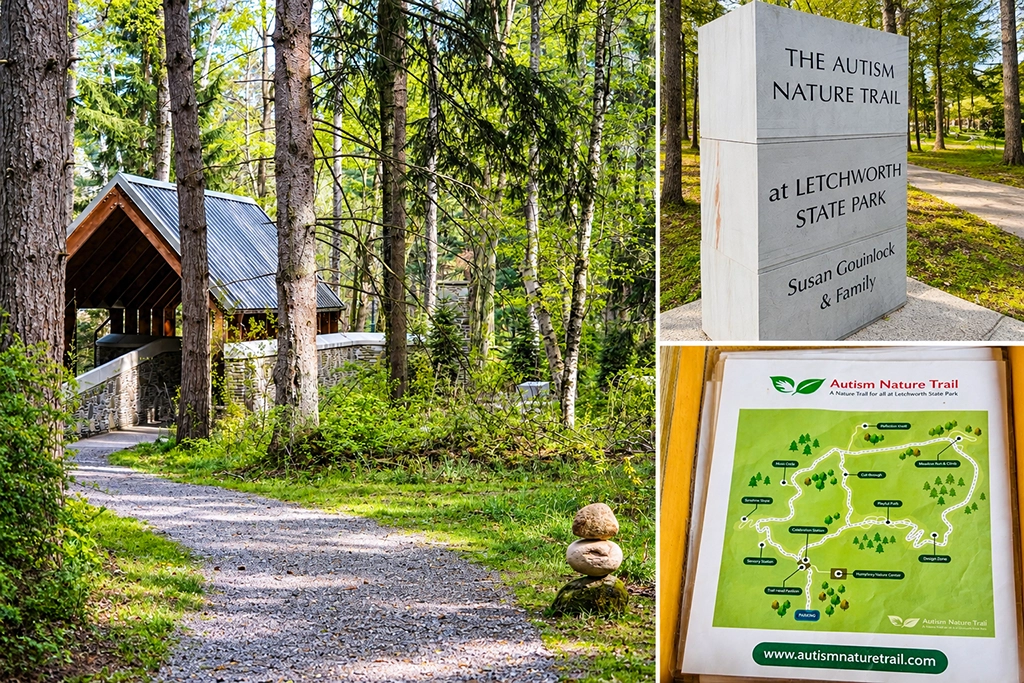 Eingang zum Autism Nature Trail im Letchworth State Park mit Waldweg, Eingangsschild und Karte des Rundwegs.