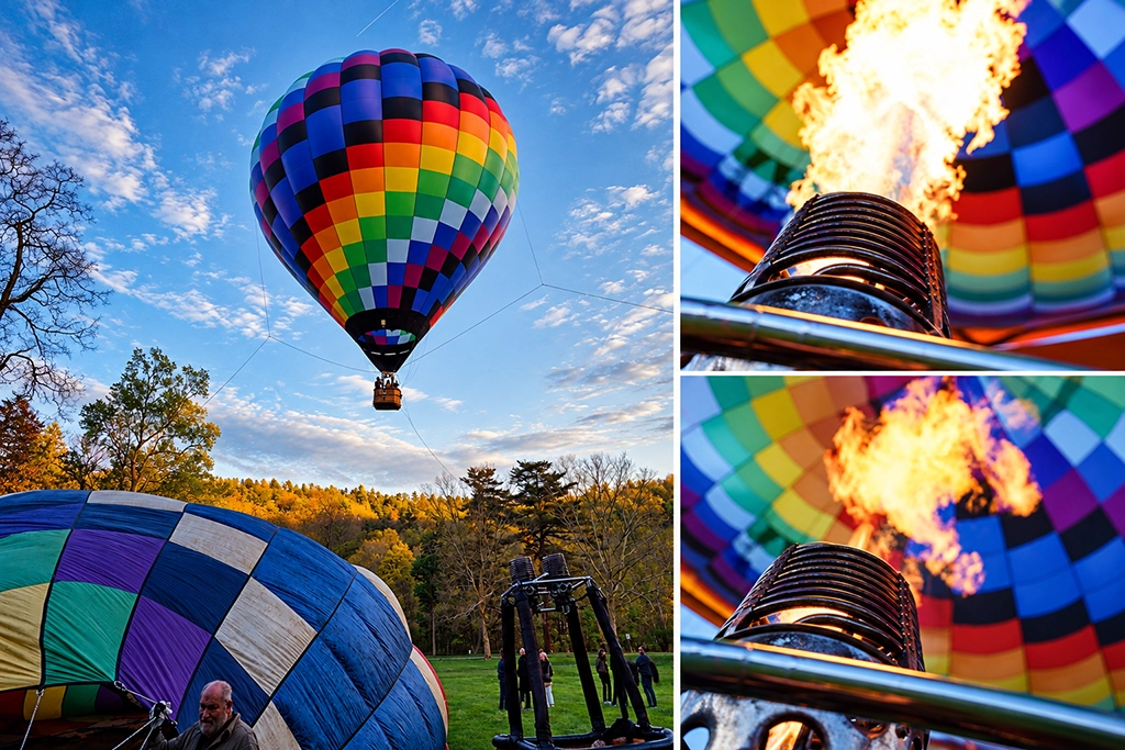 Vertäuter Heißluftballon von Balloons Over Letchworth über einer Wiese sowie zwei Nahaufnahmen des brennenden Ballonbrenners unter der bunten Hülle.