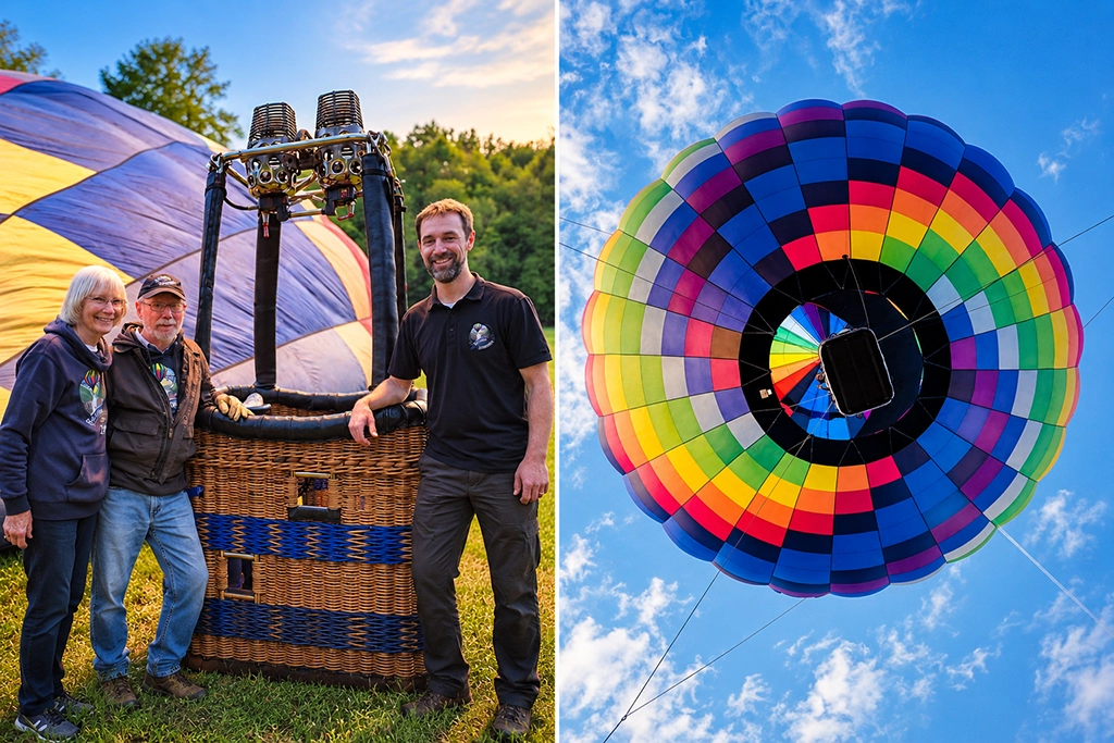 Mitglieder der Familie Teitsworth am Ballonkorb und Blick von unten auf den farbenfrohen Heißluftballon von Balloons Over Letchworth im Letchworth State Park.