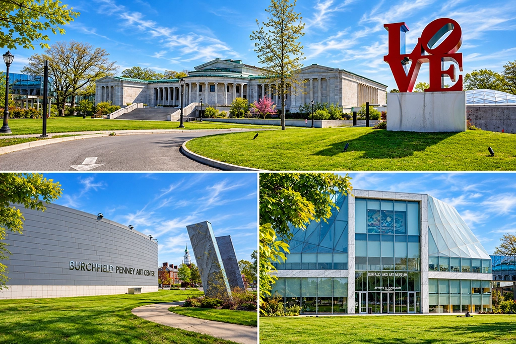 Collage mit Buffalo AKG Art Museum, Burchfield Penney Art Center und LOVE-Skulptur im Kulturviertel von Buffalo, New York.