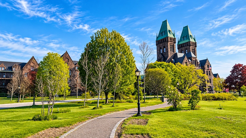 Historische Türme des Richardson Olmsted Campus hinter der grünen Parklandschaft in Buffalo im US-Bundesstaat New York.