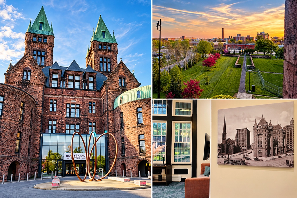 Richardson Hotel mit den markanten Zwillingstürmen und historischem Park auf dem Richardson Olmsted Campus in Buffalo, New York.