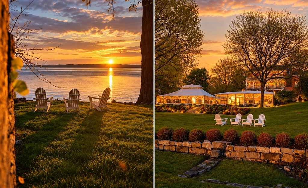 Aurora Inn und Adirondack Chairs am Cayuga Lake bei Sonnenuntergang in den Finger Lakes, New York State
