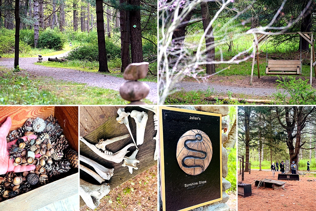 Autism Nature Trail im Letchworth State Park mit Waldweg, Ruheplatz, Naturmaterialien und verschiedenen Erlebnisstationen.