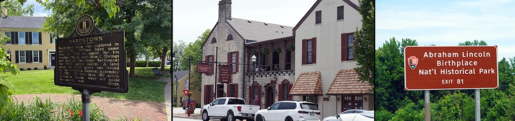 Historisches Bardstown in Kentucky und Hinweisschild zum Abraham Lincoln Birthplace an der Interstate 65.