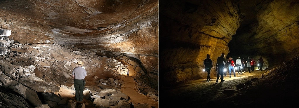 Höhlenräume und geführte Laternentour im Mammoth Cave National Park in Kentucky.