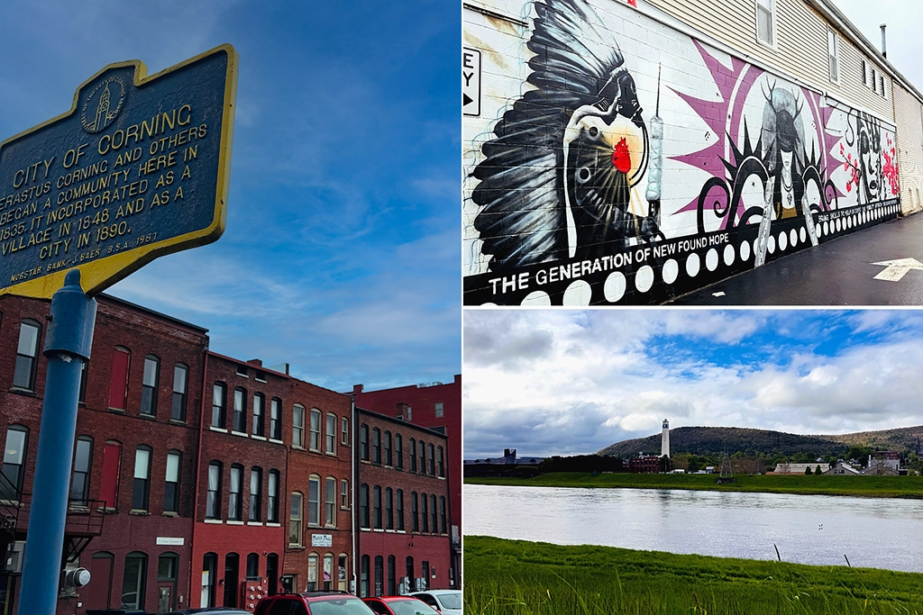 Corning mit altem Stadtschild, Street-Art-Mural und Blick über den Chemung River auf die Stadt.