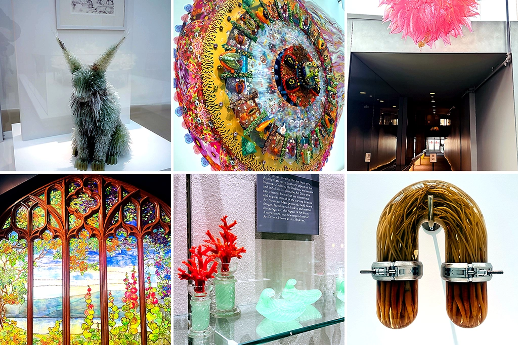 Collage mit Glaskunst und Exponaten aus verschiedenen Epochen im Corning Museum of Glass in Corning, New York.