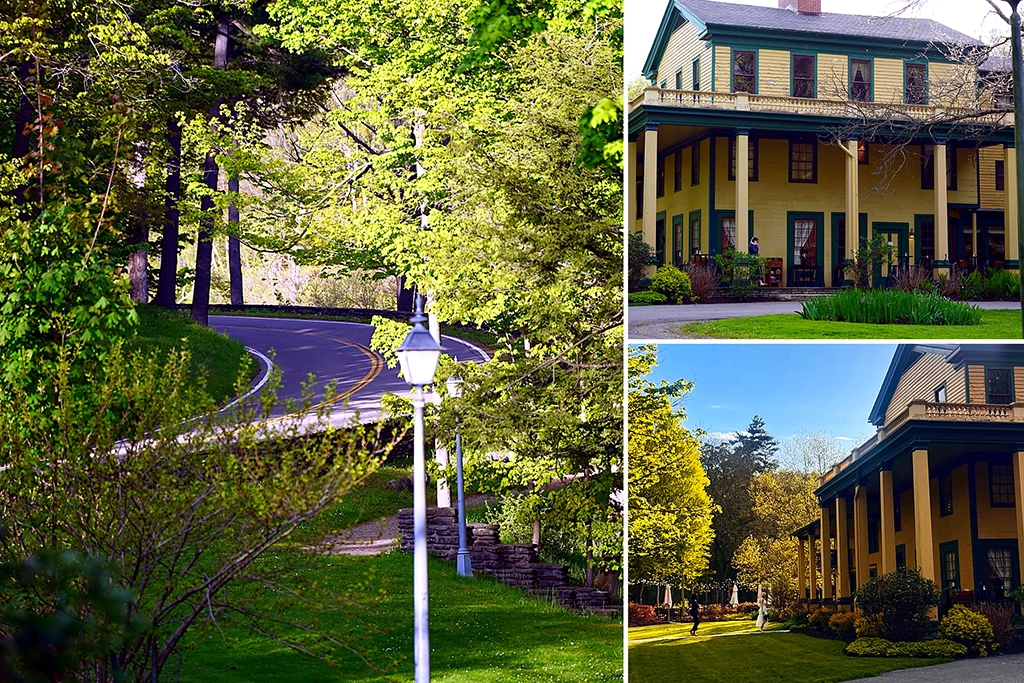 Collage mit dem historischen Glen Iris Inn und der von Bäumen gesäumten Zufahrt im Letchworth State Park in New York State.