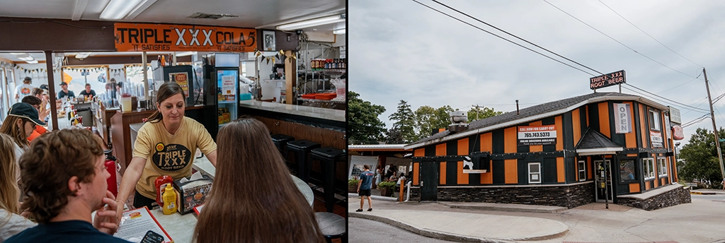 Triple XXX Family Restaurant in West Lafayette, Indiana, mit historischem Diner-Innenraum und orange-schwarzer Fassade.
