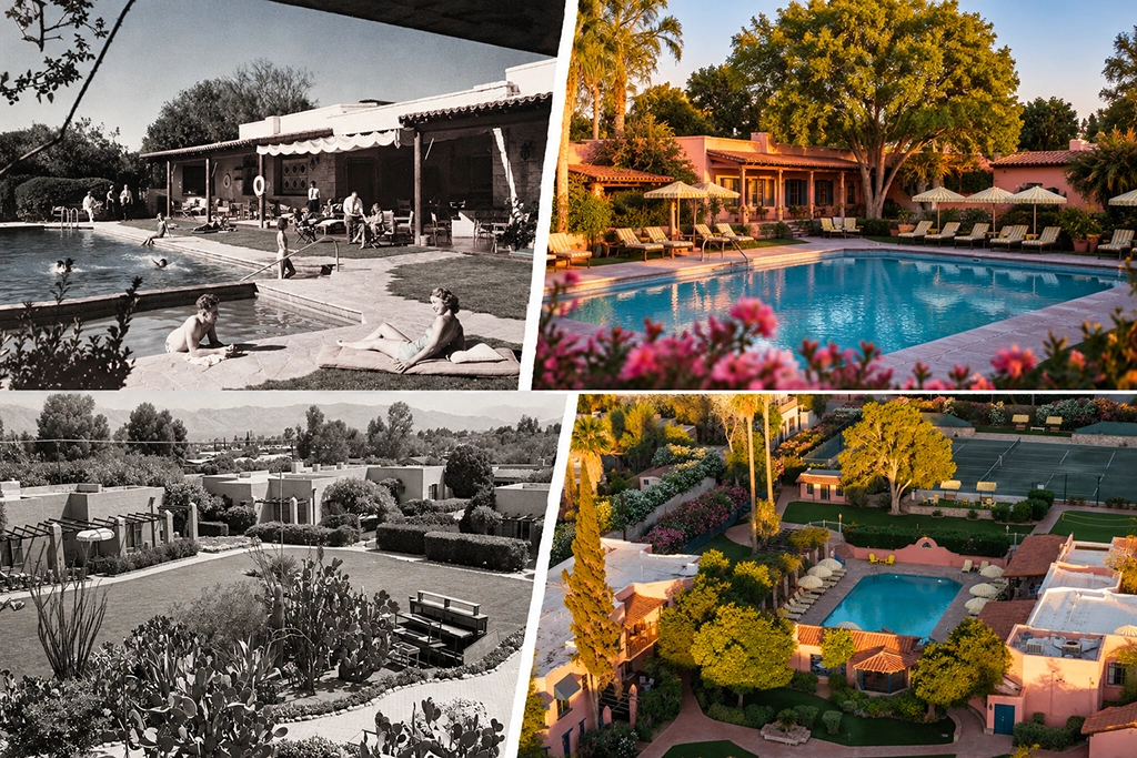 Arizona Inn in Tucson, Arizona: Fotocollage mit historischen Aufnahmen aus den 1950er-Jahren und heutigen Ansichten des Hotels mit Pool und Gartenanlage.