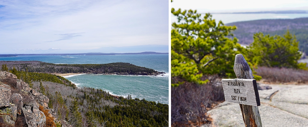 Collage mit Panoramablick vom Gorham Mountain über die Atlantikküste des Acadia National Park und einem Wegweiser auf dem felsigen Wanderweg.
