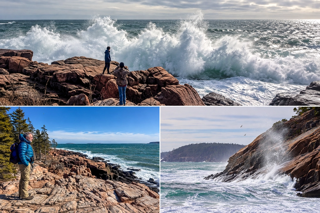 Fotocollage der felsigen Atlantikküste im Acadia National Park in Maine mit hohen Wellen am Thunder Hole und Wanderern auf den Granitfelsen.