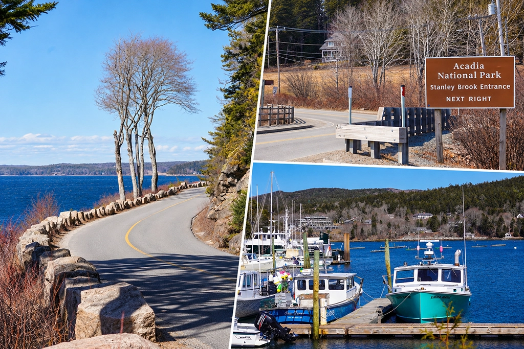 Fotocollage aus dem Acadia National Park in Maine: kurvenreiche Straße am Wasser, Wegweiser zur Stanley Brook Entrance und Fischerboote im Hafen von Northeast Harbor.