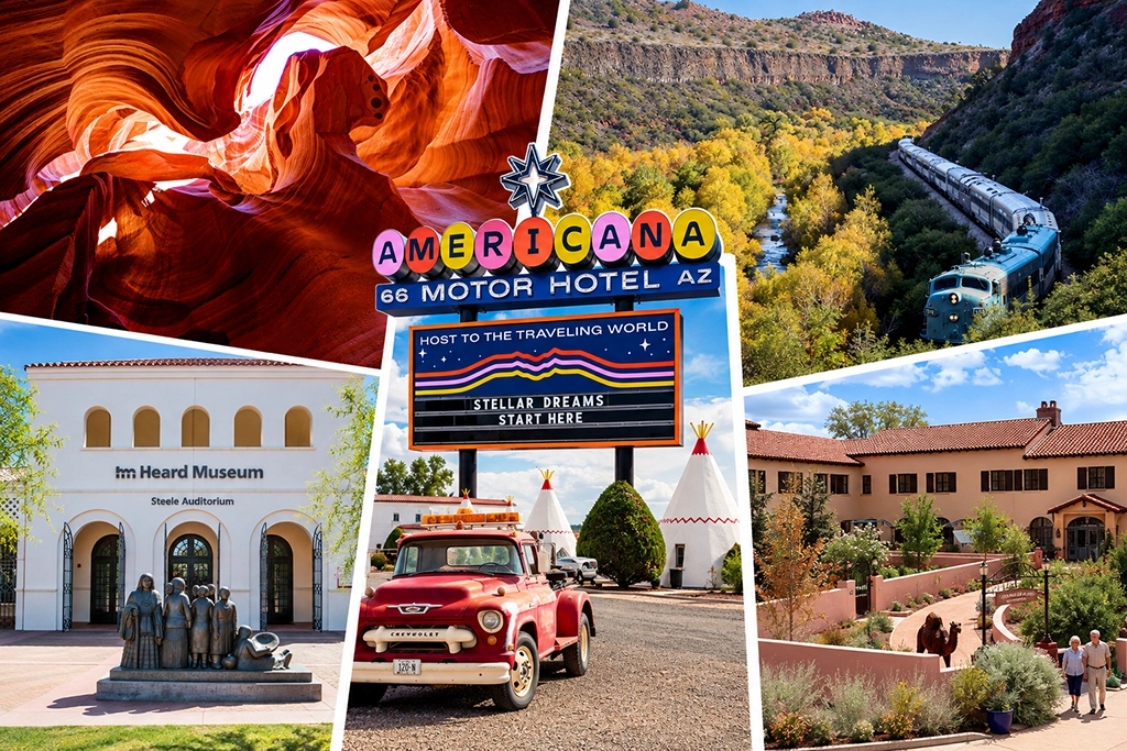 Collage mit fünf Reisezielen in Arizona: Antelope Canyon, Verde Canyon Railroad, Americana Motor Hotel, Heard Museum und Wigwam Motel an der Route 66.