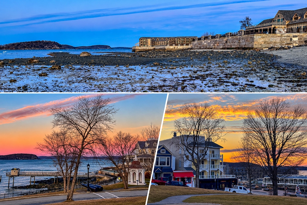 Dreiteilige Fotocollage aus Bar Harbor in Maine mit freigelegtem Meeresboden bei Ebbe, einer Uferpromenade mit Steg und einem Sonnenuntergang über den Häusern des Küstenortes.