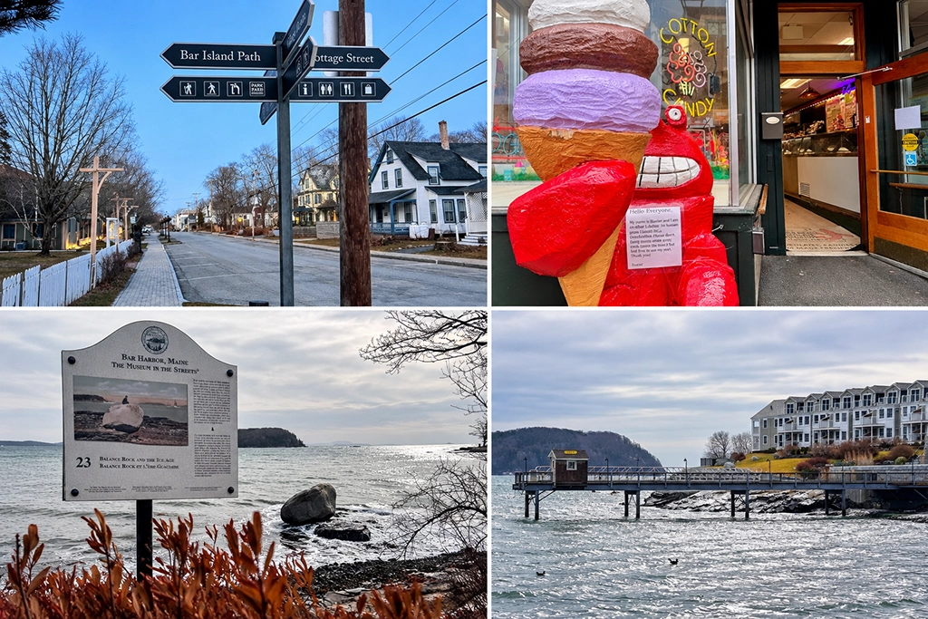 Fotocollage aus Bar Harbor in Maine mit einer ruhigen Straße, einem roten Hummer vor einer Eisdiele, einer Informationstafel zur Eiszeit und einem Steg an der Atlantikküste.