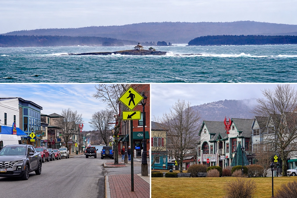 Collage aus Bar Harbor in Maine mit Leuchtturm auf einer vorgelagerten Felseninsel, Geschäften in der Innenstadt und Gebäuden am Village Green.