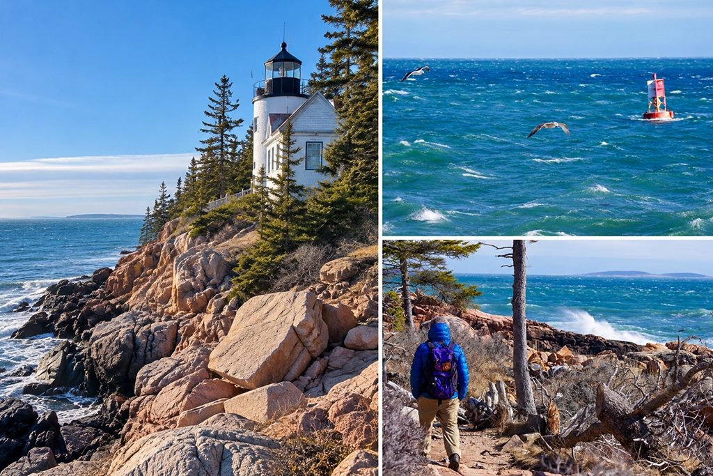 Collage des Bass Harbor Head Lighthouse im Acadia National Park mit Leuchtturm auf Granitklippen, stürmischem Atlantik und Wanderweg entlang der Küste.