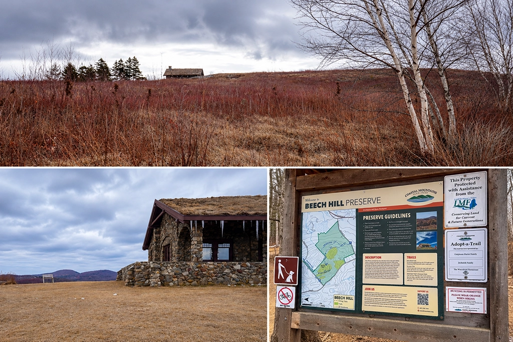 Collage des Beech Hill Preserve in Rockport, Maine, mit winterlicher Heidelandschaft, historischem Steinhaus Beech Nut und Informationstafel des Naturschutzgebiets.