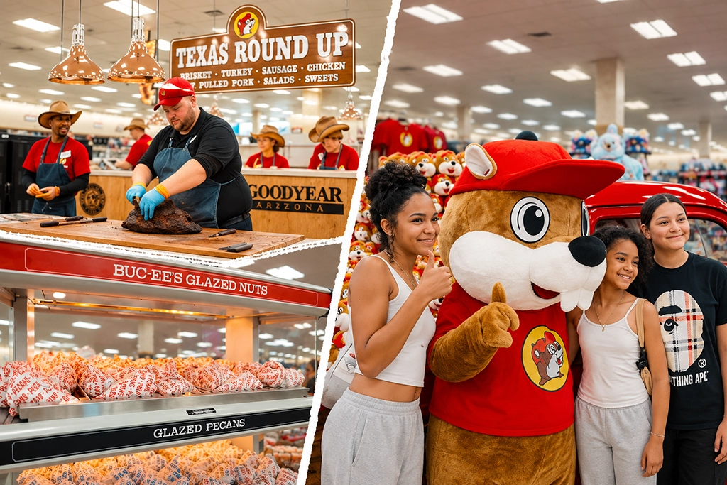 Bildcollage aus dem Buc-ee’s in Goodyear, Arizona: Mitarbeiter bereiten frisches Barbecue zu, glasierte Pekannüsse werden angeboten und das Biber-Maskottchen posiert mit Besuchern.