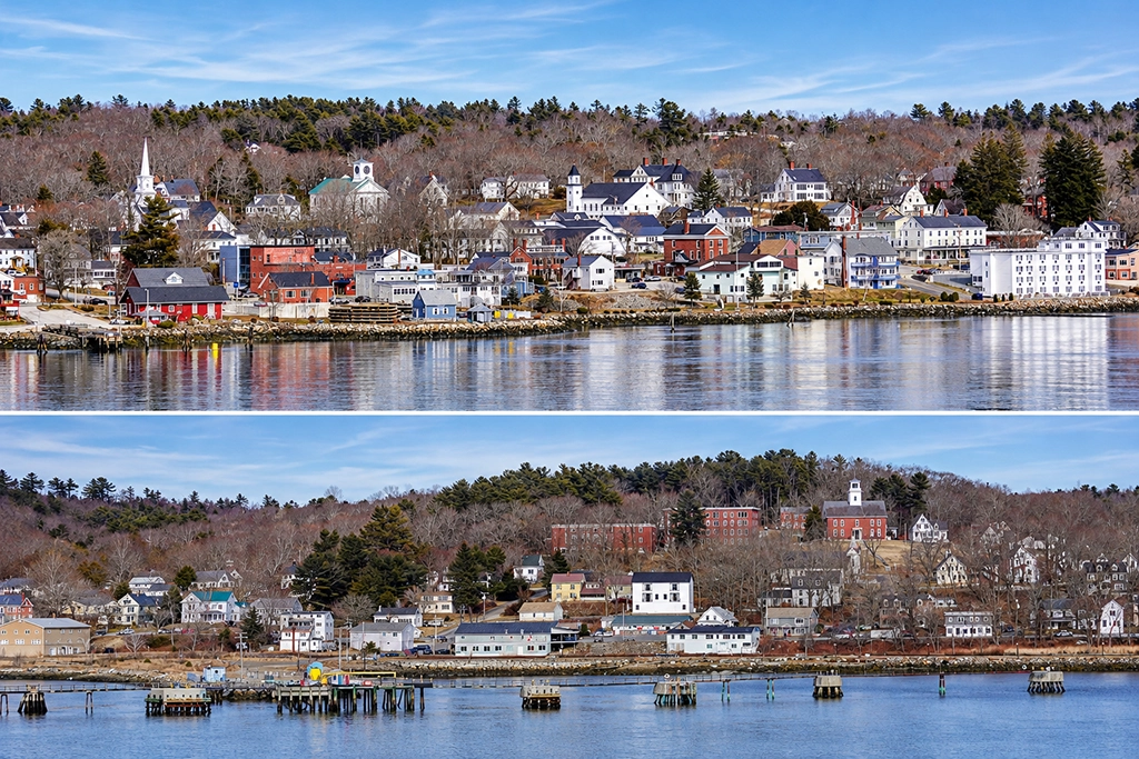 Zweiteilige Collage mit Blick über die Penobscot Bay auf Camden in Maine, mit weißen Holzhäusern, Kirchtürmen, Hafenanlagen und bewaldeten Hügeln im Spätwinter.