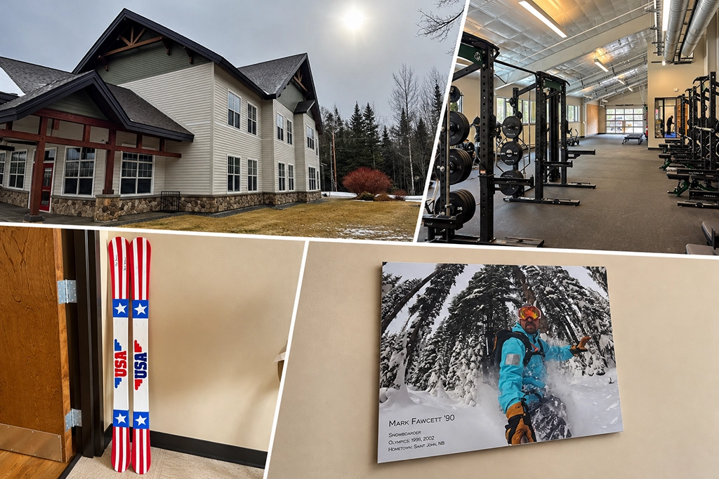 Vier Bilder der Carrabassett Valley Academy in Maine: Schulgebäude, moderner Kraftraum, rot-weiß-blaue USA-Ski und ein Porträt des Snowboarders Mark Fawcett.