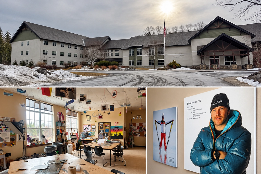 Collage der Carrabassett Valley Academy in Maine mit Schulgebäude im Winter, kreativem Klassenzimmer und einem Porträt des ehemaligen Schülers Bode Miller.