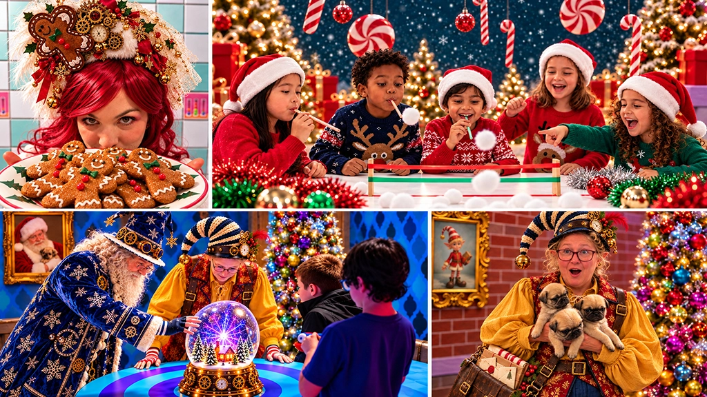 Christmas Towne in Seattle: Weihnachtliche Erlebniswelt mit Lebkuchen, Spielen für Kinder, einer magischen Schneekugel und fantasievollen Weihnachtsfiguren.