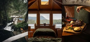 Collage zu neuen Hotels in Kanada mit Outdoor-Whirlpool im Regenwald, Wellnessraum mit Seeblick und regionaler Küche in einer Lodge