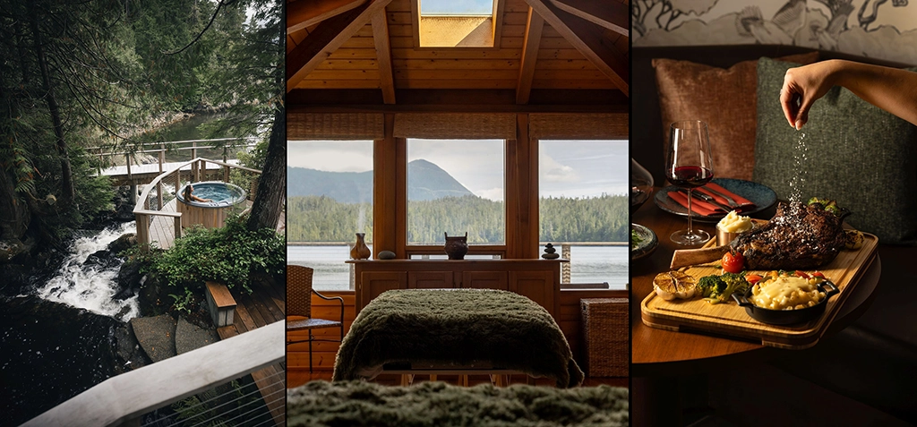 Collage zu neuen Hotels in Kanada mit Outdoor-Whirlpool im Regenwald, Wellnessraum mit Seeblick und regionaler Küche in einer Lodge
