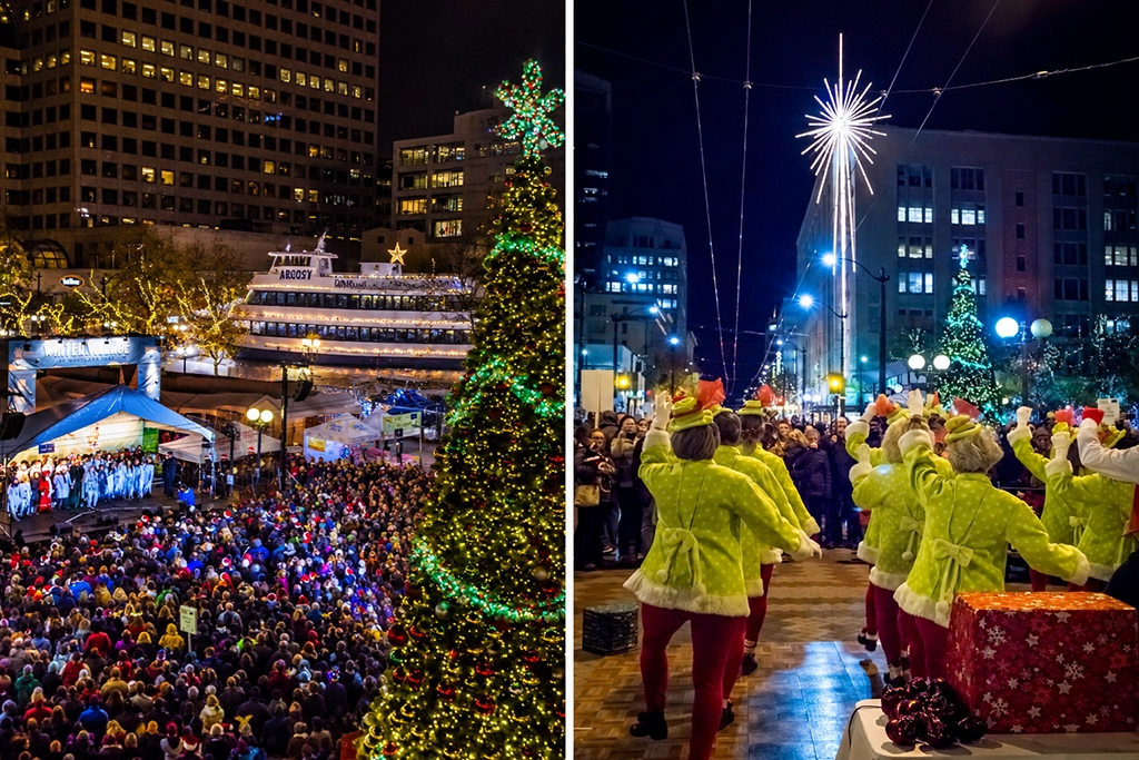 Figgy Pudding Caroling Contest in Seattle: Weihnachtlicher Chorauftritt vor großem Publikum und kostümierte Sängerinnen beim Straßenkonzert.