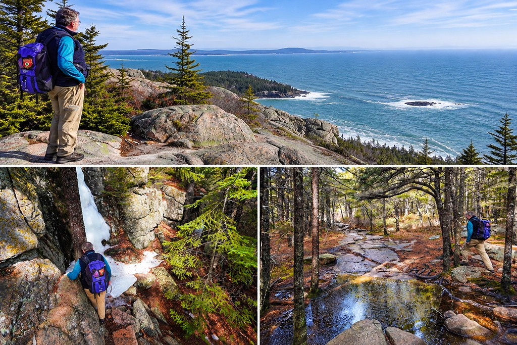 Collage einer Wanderung auf dem Gorham Mountain Trail im Acadia National Park mit Aussicht auf den Atlantik, Granitfelsen und einem teilweise vereisten Waldweg.