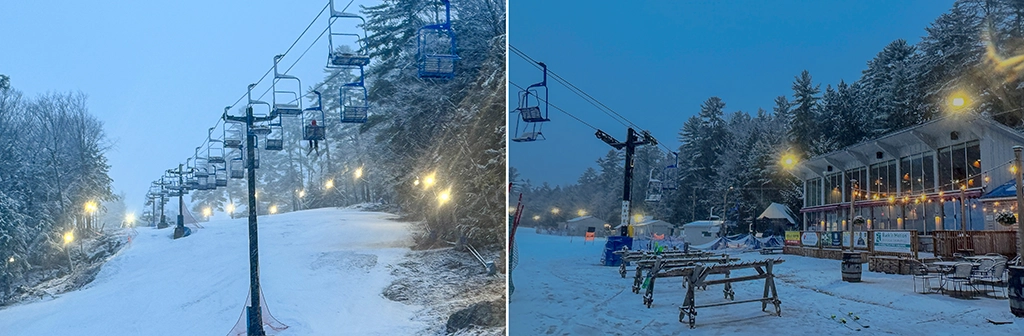 Zwei Ansichten des Skigebiets Lost Valley in Maine bei Schneefall und Dämmerung mit beleuchteter Skipiste, Sessellift und Base Lodge.