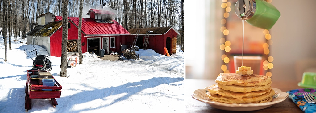 Collage zum Maine Maple Weekend mit rotem Sugarhouse im verschneiten Wald und Pancakes mit frisch eingegossenem Ahornsirup