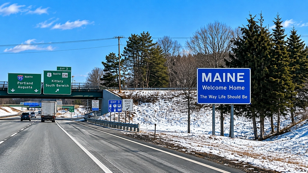 Willkommen in Maine: Das blaue Schild an der Interstate 95 begrüßt Reisende mit dem offiziellen Staatsmotto „The Way Life Should Be“. Im März liegt entlang der Autobahn noch Schnee © Wolfgang Greiner