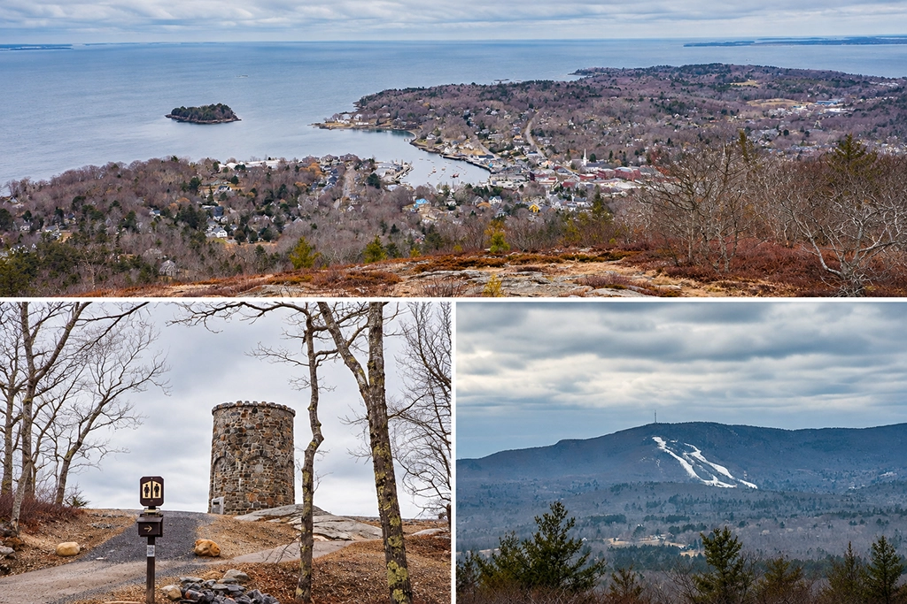Collage mit Panoramablick vom Mount Battie auf Camden und die Penobscot Bay, historischem Aussichtsturm und Blick auf die Skipisten der Camden Snow Bowl in Maine.