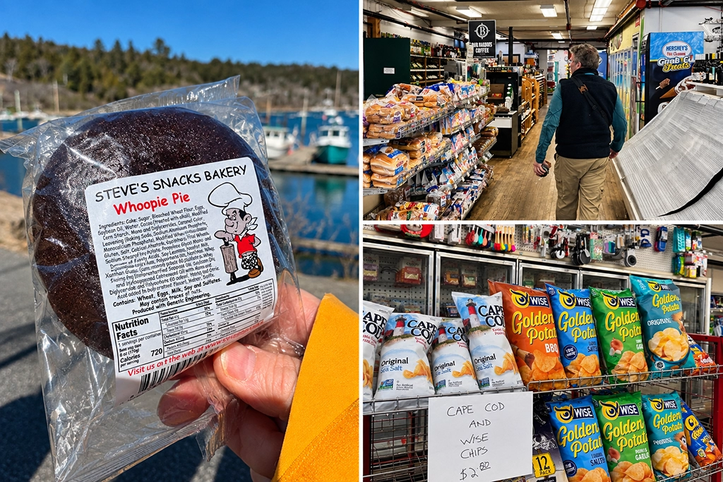 Collage aus Northeast Harbor in Maine mit verpacktem Whoopie Pie, einem kleinen Lebensmittelgeschäft und Regalen mit Kartoffelchips aus Neuengland.