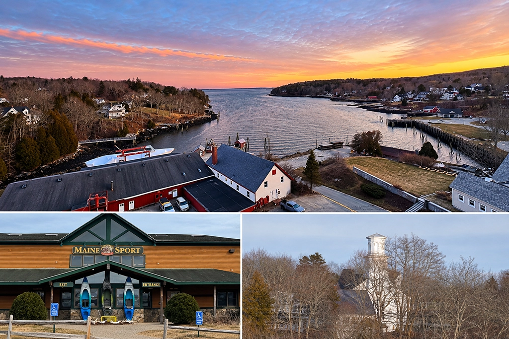 Collage aus Rockport in Maine mit Sonnenuntergang über dem Rockport Harbor, dem Outdoor-Fachgeschäft Maine Sport Outfitters und einer weißen Kirche zwischen kahlen Bäumen.