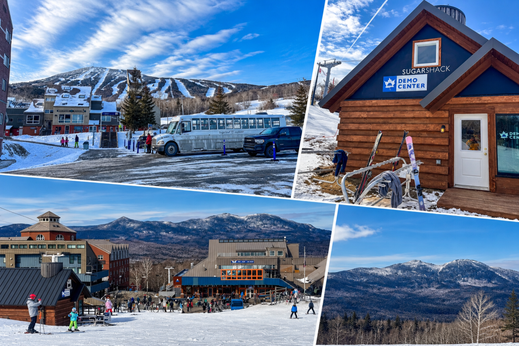 Fotocollage des Skigebiets Sugarloaf in Maine mit Skipisten, dem Sugarshack Demo Center, dem Shuttlebus und dem verschneiten Bergdorf im Carrabassett Valley.