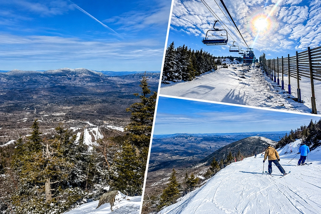 Collage vom Skigebiet Sugarloaf in Maine mit Panoramablick über die Western Maine Mountains, Sessellift im Schnee und Skifahrern auf einer Bergabfahrt.