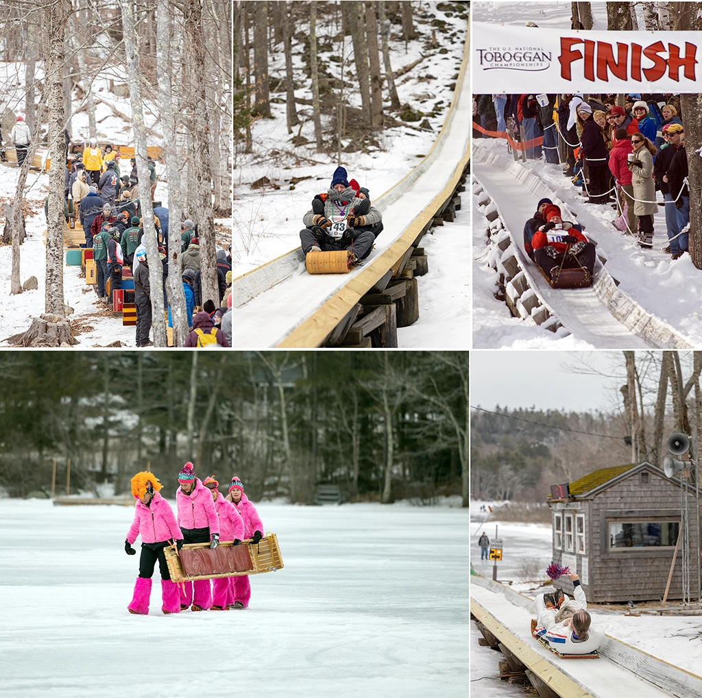 Fotocollage der U.S. National Toboggan Championships in Camden, Maine, mit Holzschlitten, vereister Rodelbahn und Zuschauern