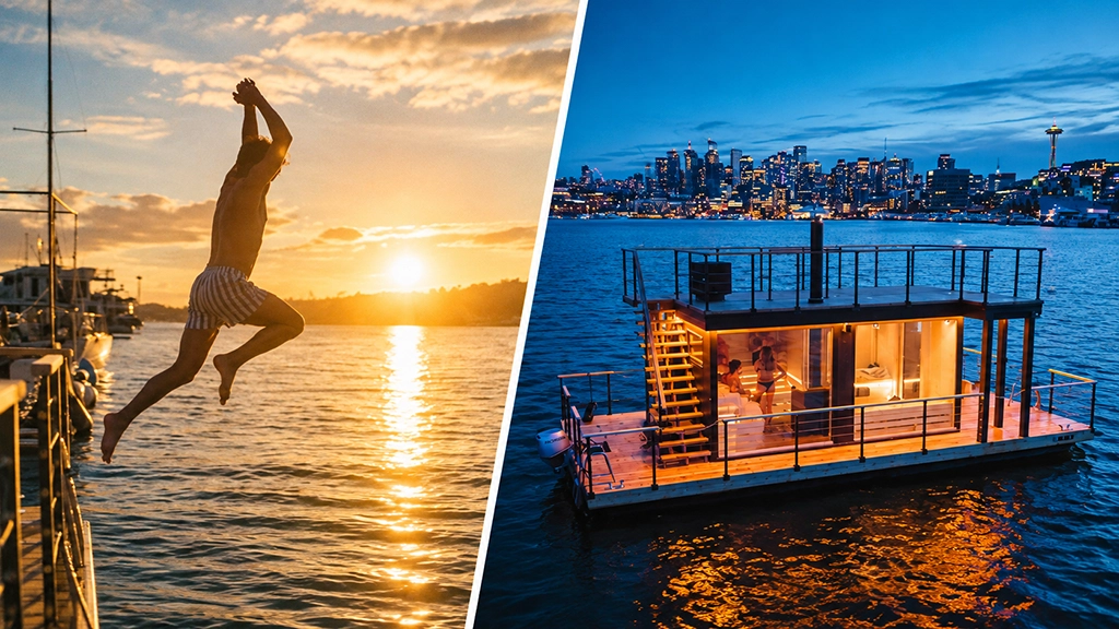 Wild Haus Sauna in Seattle: Sprung ins Wasser bei Sonnenuntergang und schwimmende Sauna mit Blick auf die Skyline und Space Needle.