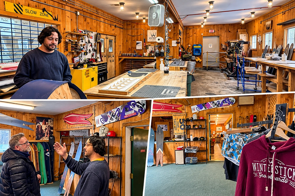 Fotocollage der Winterstick-Snowboard-Manufaktur am Sugarloaf Mountain in Maine mit Werkstatt, handgefertigten Snowboards und Verkaufsraum.